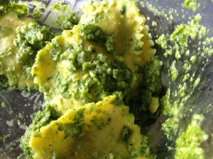 Oh look! Pesto! Spinach, almonds, pine nuts,  with the basil oil. The Bear even enjoyed a bit of this.