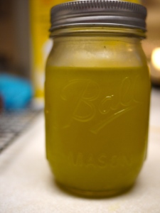 Basil infused olive oil. I love having this on hand for homemade pizza and pesto.